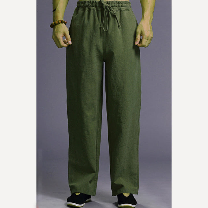 Spodnie męskie z kieszeniami i ściągaczem Buddha Stones Casual Plain Color Linen - image 40