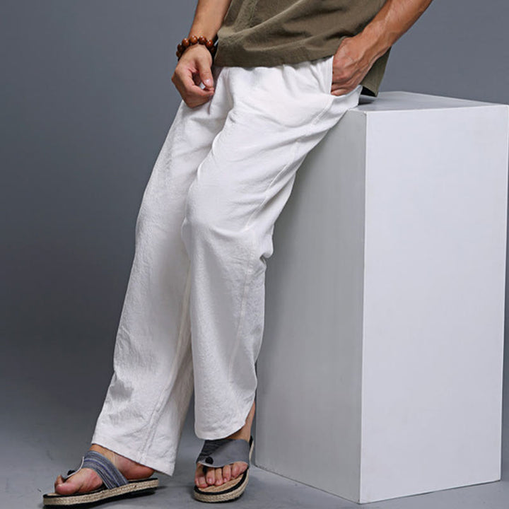 Spodnie męskie z kieszeniami i ściągaczem Buddha Stones Casual Plain Color Linen - image 11