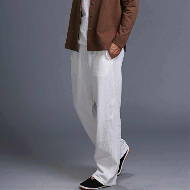 Spodnie męskie z kieszeniami i ściągaczem Buddha Stones Casual Plain Color Linen - image 9