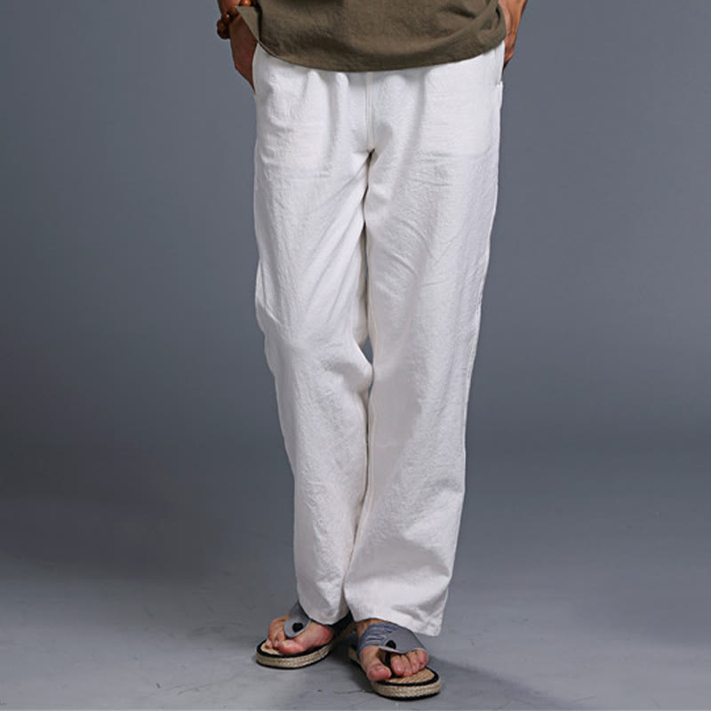 Spodnie męskie z kieszeniami i ściągaczem Buddha Stones Casual Plain Color Linen - image 4