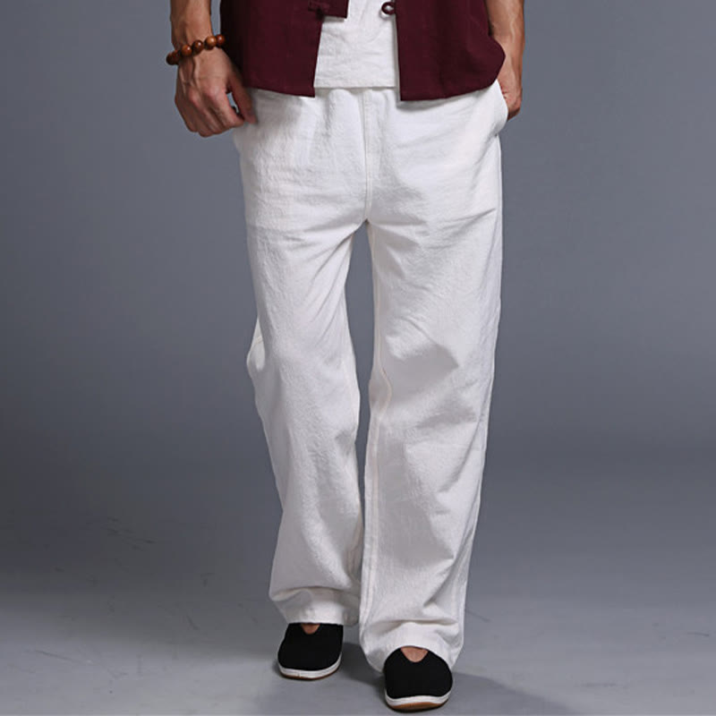 Spodnie męskie z kieszeniami i ściągaczem Buddha Stones Casual Plain Color Linen - image 10