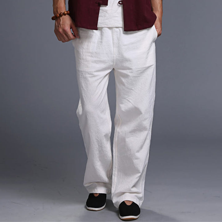 Spodnie męskie z kieszeniami i ściągaczem Buddha Stones Casual Plain Color Linen - image 10