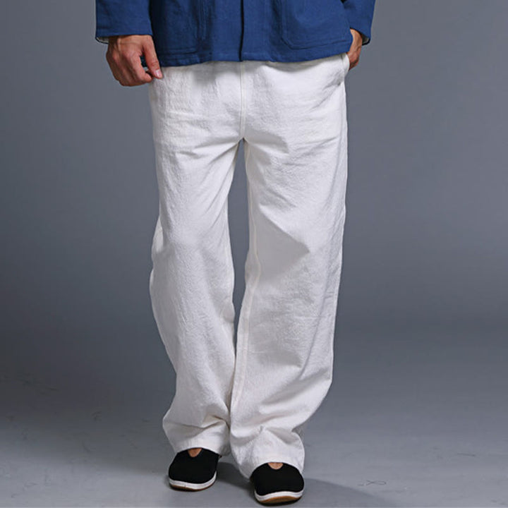 Spodnie męskie z kieszeniami i ściągaczem Buddha Stones Casual Plain Color Linen - image 8