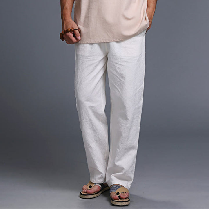 Spodnie męskie z kieszeniami i ściągaczem Buddha Stones Casual Plain Color Linen - image 3