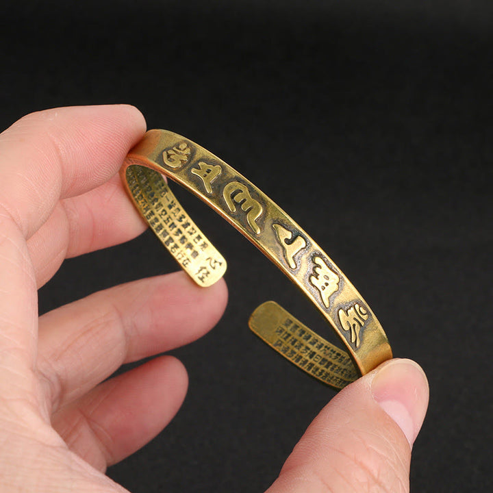 Buddha Stones Sześć Prawdziwych Słów 'om Mani Padme Hum' Sutra Serca Miedź Mosiądz Mądrość Pokój Mankiet Bransoletka Bangle