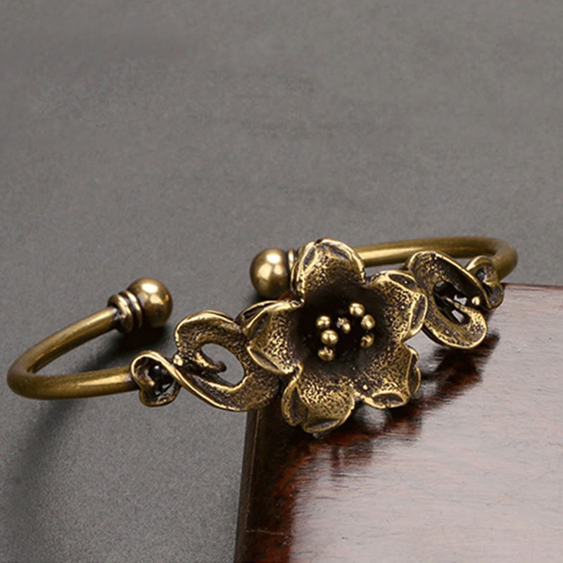 Buddha Stones Kwiaty Liście Miedź Mosiądz Szczęście Uzdrawiająca Bransoletka Mankiet Bangle