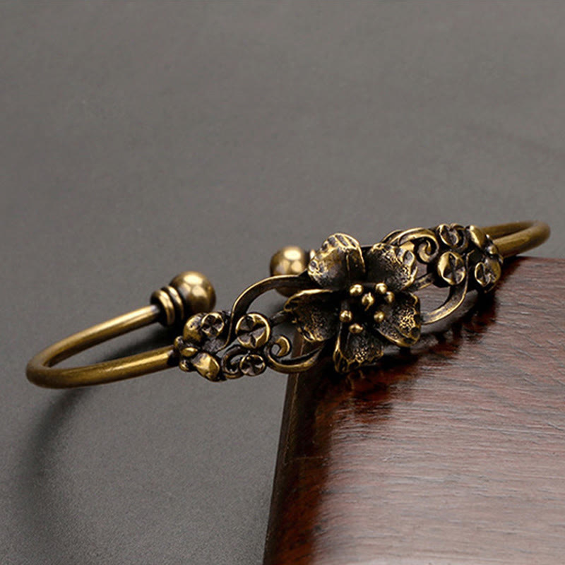 Buddha Stones Kwiaty Liście Miedź Mosiądz Szczęście Uzdrawiająca Bransoletka Mankiet Bangle
