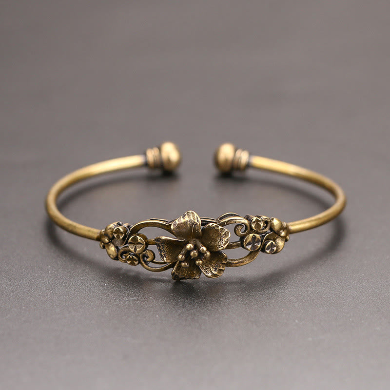Buddha Stones Kwiaty Liście Miedź Mosiądz Szczęście Uzdrawiająca Bransoletka Mankiet Bangle