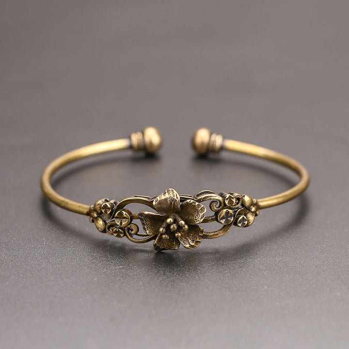 Buddha Stones Kwiaty Liście Miedź Mosiądz Szczęście Uzdrawiająca Bransoletka Mankiet Bangle
