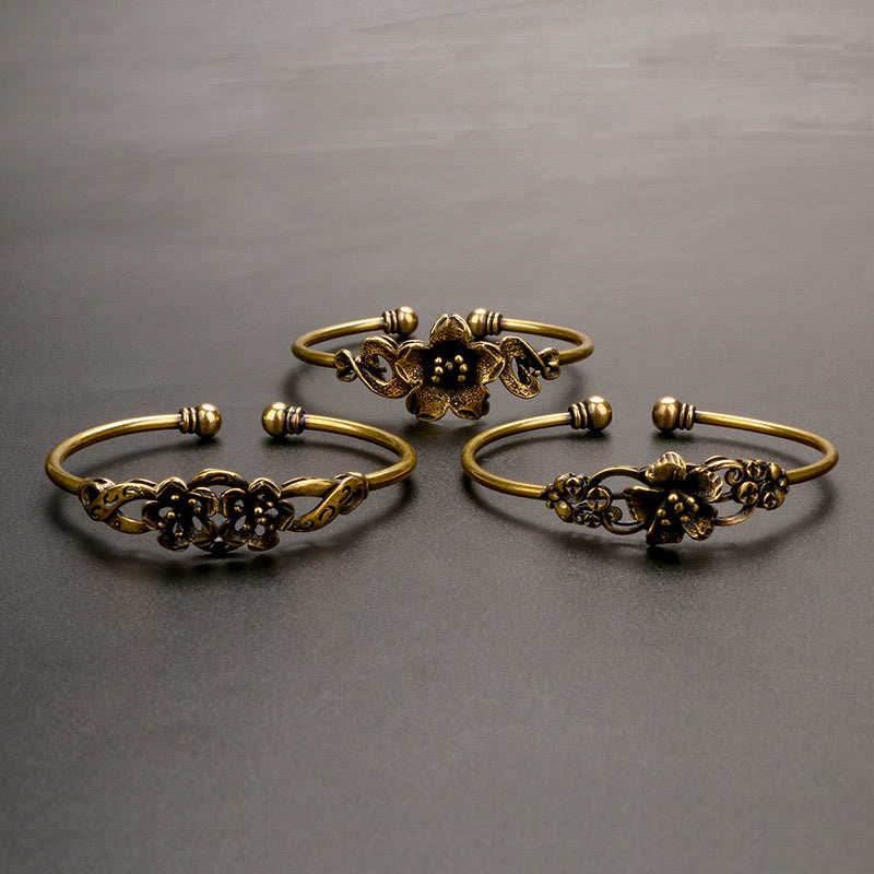 Buddha Stones Kwiaty Liście Miedź Mosiądz Szczęście Uzdrawiająca Bransoletka Mankiet Bangle
