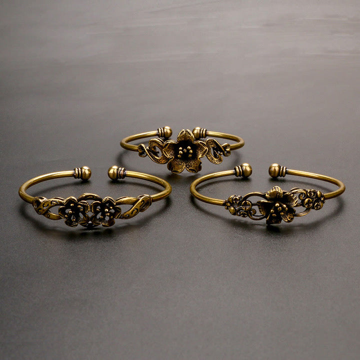 Buddha Stones Kwiaty Liście Miedź Mosiądz Szczęście Uzdrawiająca Bransoletka Mankiet Bangle