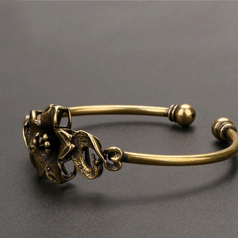 Buddha Stones Kwiaty Liście Miedź Mosiądz Szczęście Uzdrawiająca Bransoletka Mankiet Bangle