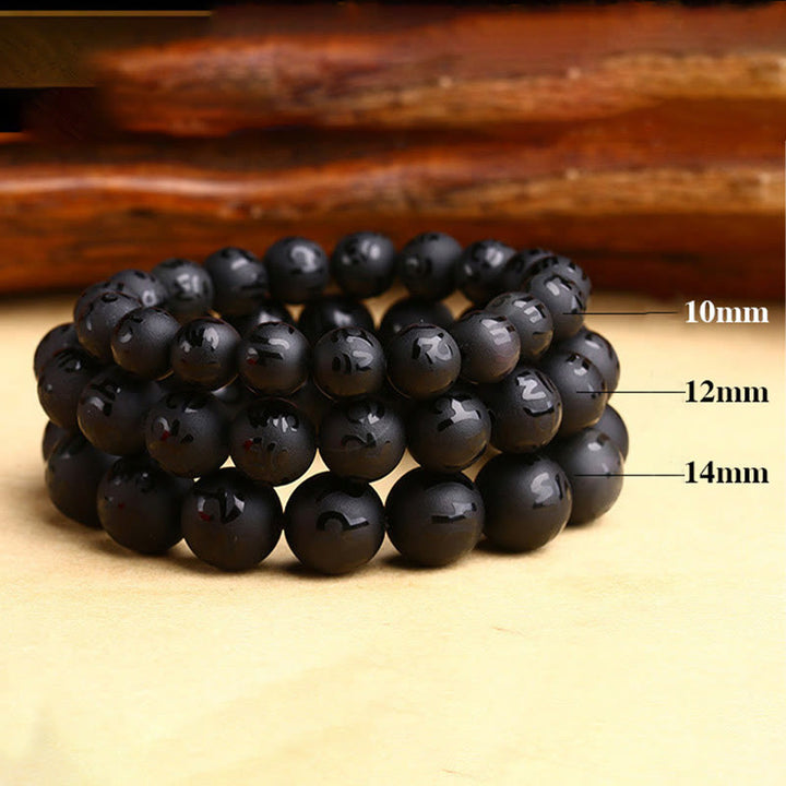 Buddha Stones Naturalny Czarny Onyks Om Mani Padme Hum Rzeźbiona Bransoletka Ochronna