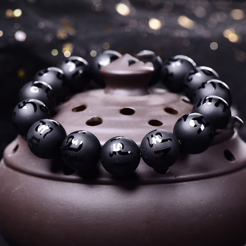 Buddha Stones Naturalny Czarny Onyks Om Mani Padme Hum Rzeźbiona Bransoletka Ochronna
