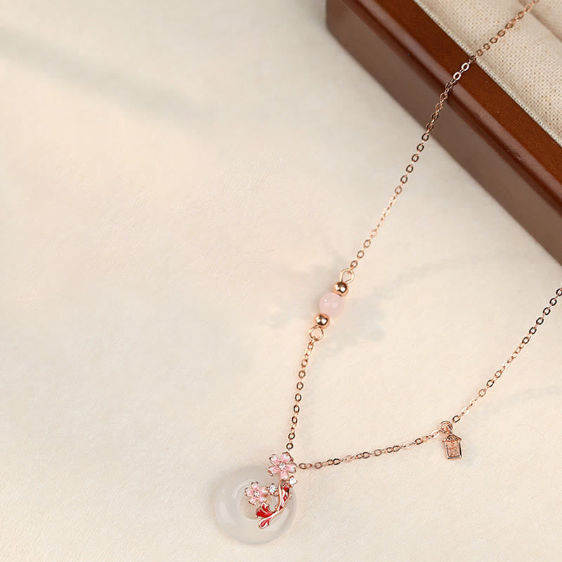 Buddha Stones Chalcedon Różowy Kryształ 925 Srebro Sterling Kwiaty Koi Ryba Pokój Klamra Pozytywny Naszyjnik Wisiorek - image 1