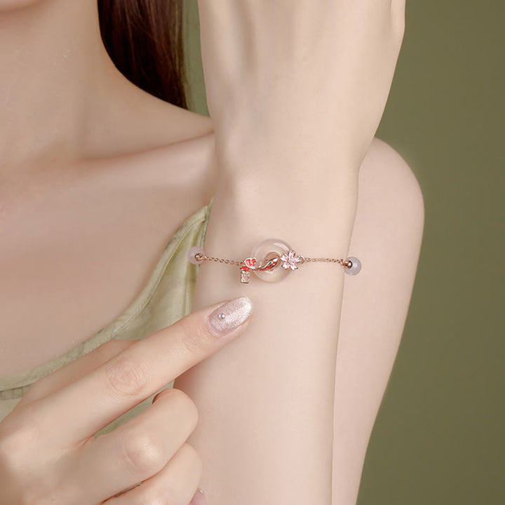 Buddha Stones Chalcedon Różowy Kryształ 925 Srebro Sterling Kwiaty Koi Ryba Pokój Klamra Pozytywna Bransoletka - image 3