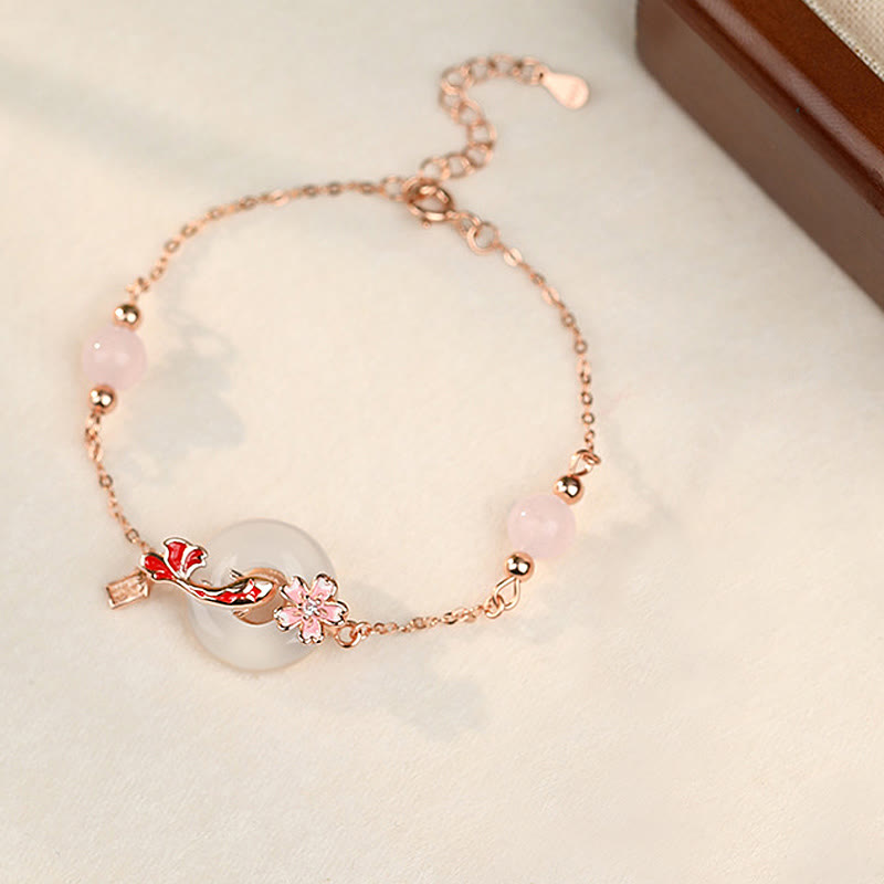 Buddha Stones Chalcedon Różowy Kryształ 925 Srebro Sterling Kwiaty Koi Ryba Pokój Klamra Pozytywna Bransoletka - image 1