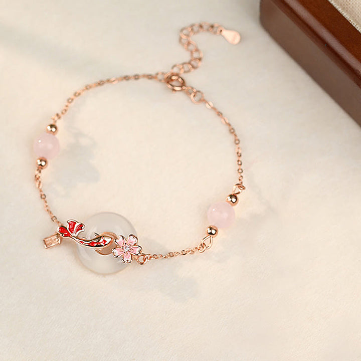 Buddha Stones Chalcedon Różowy Kryształ 925 Srebro Sterling Kwiaty Koi Ryba Pokój Klamra Pozytywna Bransoletka - image 1