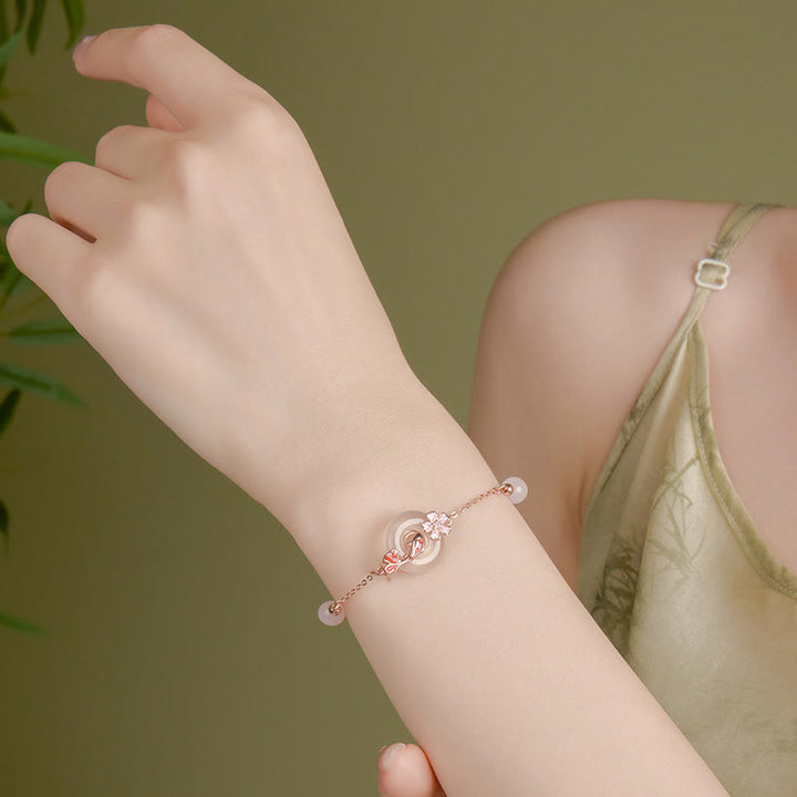 Buddha Stones Chalcedon Różowy Kryształ 925 Srebro Sterling Kwiaty Koi Ryba Pokój Klamra Pozytywna Bransoletka
