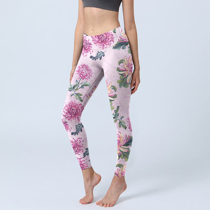 Leginsy do jogi damskie Buddha Stones Pink Chrysanthemum Gym - Śliwka - US18, UK/AU22, EU50 (4XL) - image 0