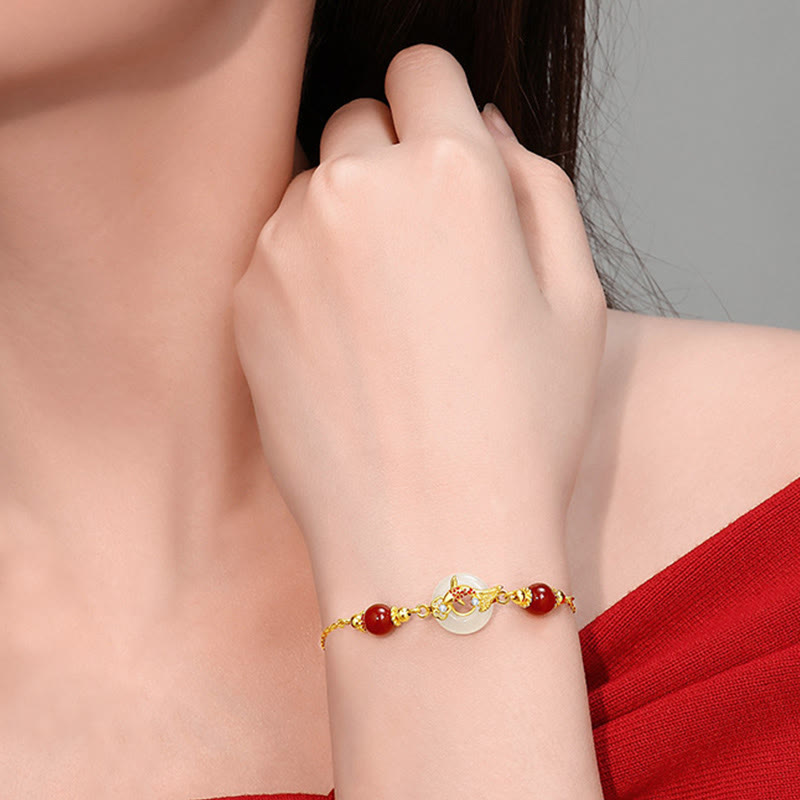 Buddha Stones Naturalny Jadeit Hetian 925 Srebro próby 925 Pozłacane Koraliki z Czerwonego Agatu Bransoletka z Klamrą Szczęścia Ryby Koi - image 3