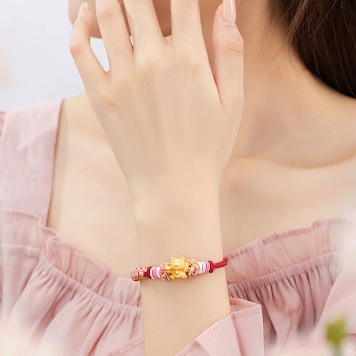 Buddha Stones Ręcznie robione 999 Srebro Sterlingowe Fortune Cat Ingot Peach Blossom Luck Bransoletka z Czerwonej Linii - image 10