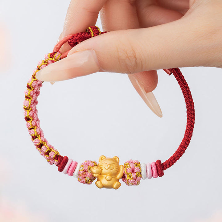 Buddha Stones Ręcznie robione 999 Srebro Sterlingowe Fortune Cat Ingot Peach Blossom Luck Bransoletka z Czerwonej Linii - image 11