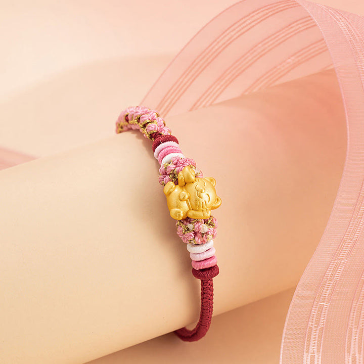 Buddha Stones Ręcznie robione 999 Srebro Sterlingowe Fortune Cat Ingot Peach Blossom Luck Bransoletka z Czerwonej Linii - image 3