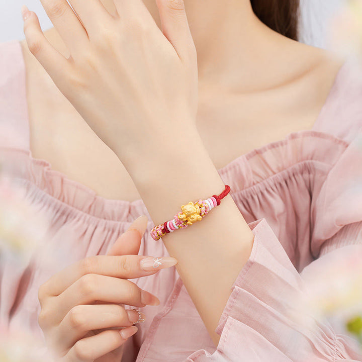 Buddha Stones Ręcznie robione 999 Srebro Sterlingowe Fortune Cat Ingot Peach Blossom Luck Bransoletka z Czerwonej Linii - image 4