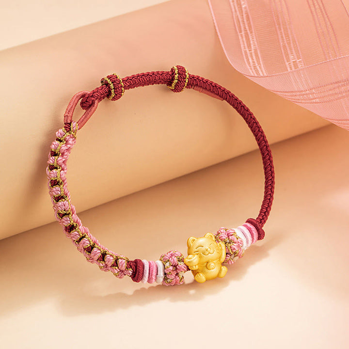 Buddha Stones Ręcznie robione 999 Srebro Sterlingowe Fortune Cat Ingot Peach Blossom Luck Bransoletka z Czerwonej Linii - image 2