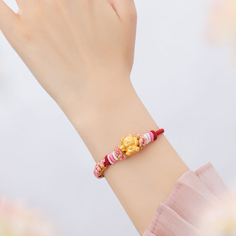 Buddha Stones Ręcznie robione 999 Srebro Sterlingowe Fortune Cat Ingot Peach Blossom Luck Bransoletka z Czerwonej Linii - image 9
