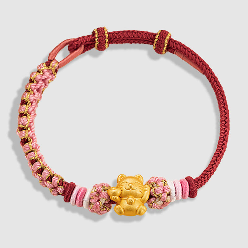 Buddha Stones Ręcznie robione 999 Srebro Sterlingowe Fortune Cat Ingot Peach Blossom Luck Bransoletka z Czerwonej Linii - image 12