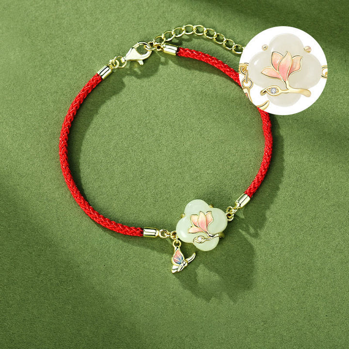 Buddha Stones 925 Srebro Sterlingowe Hetian Jade Magnolia Kwiat Motyl Bransoletka Łańcuszkowa Szczęścia