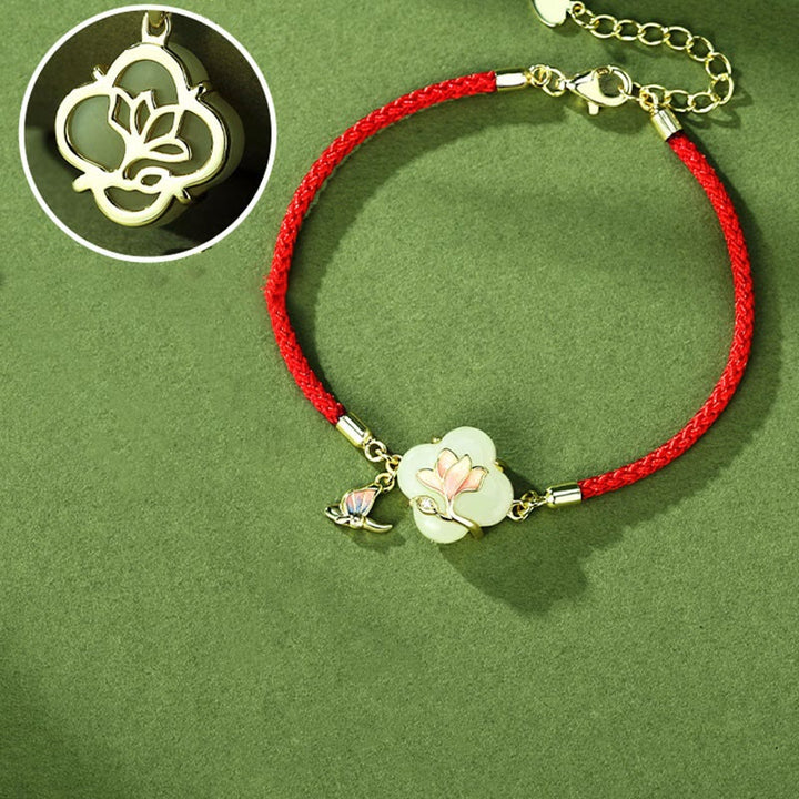 Buddha Stones 925 Srebro Sterlingowe Hetian Jade Magnolia Kwiat Motyl Bransoletka Łańcuszkowa Szczęścia
