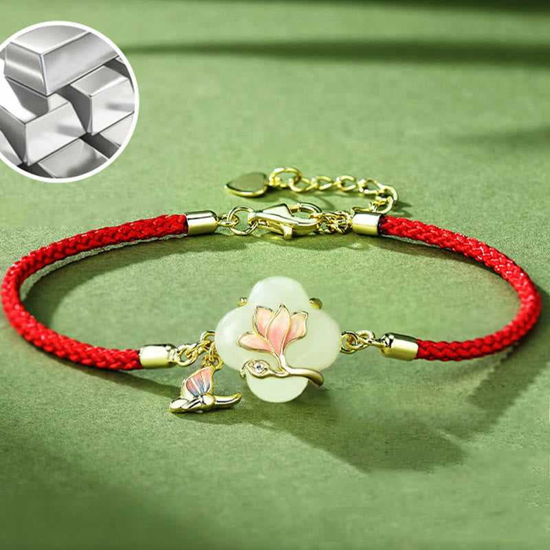 Buddha Stones 925 Srebro Sterlingowe Hetian Jade Magnolia Kwiat Motyl Bransoletka Łańcuszkowa Szczęścia