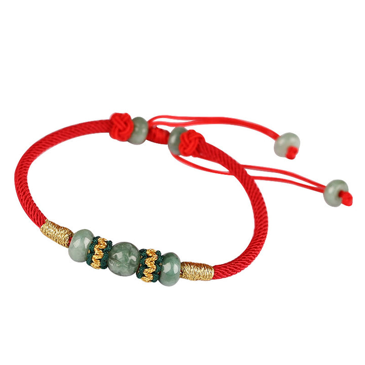 Bransoletka z Buddha Stones z jadeitu, koralików Abacus, dobrobytu, czerwonego sznurka