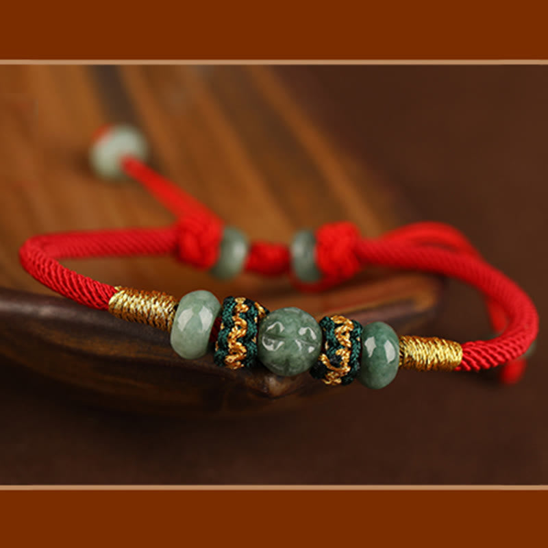 Bransoletka z Buddha Stones z jadeitu, koralików Abacus, dobrobytu, czerwonego sznurka