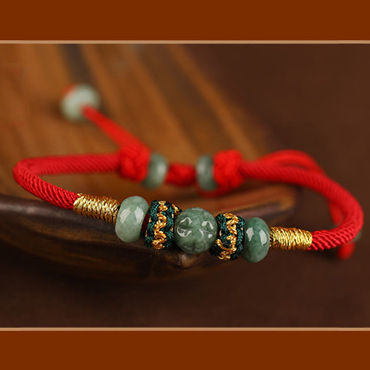 Bransoletka z Buddha Stones z jadeitu, koralików Abacus, dobrobytu, czerwonego sznurka
