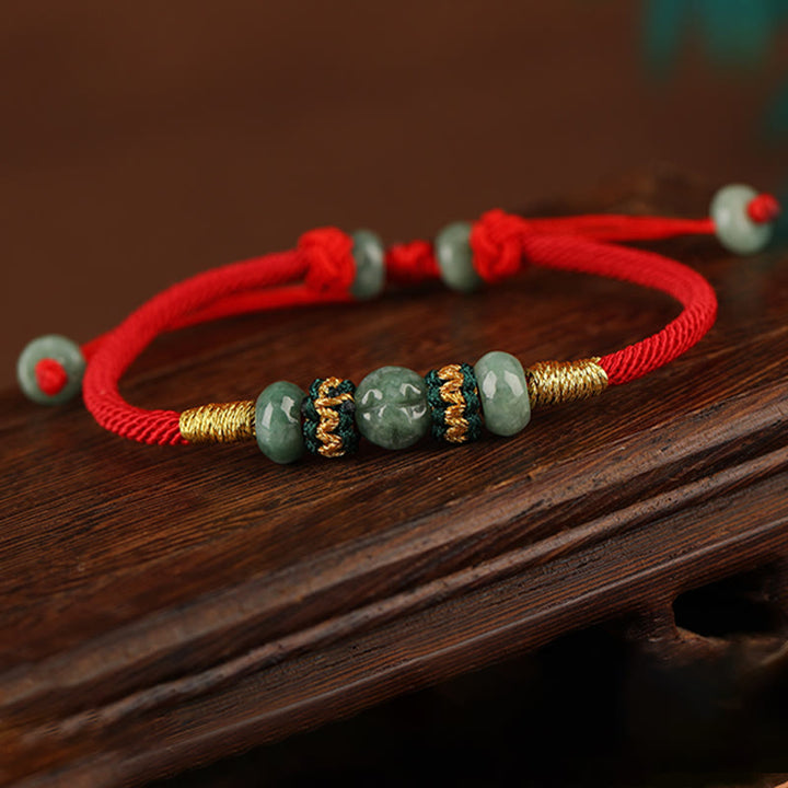 Bransoletka z Buddha Stones z jadeitu, koralików Abacus, dobrobytu, czerwonego sznurka
