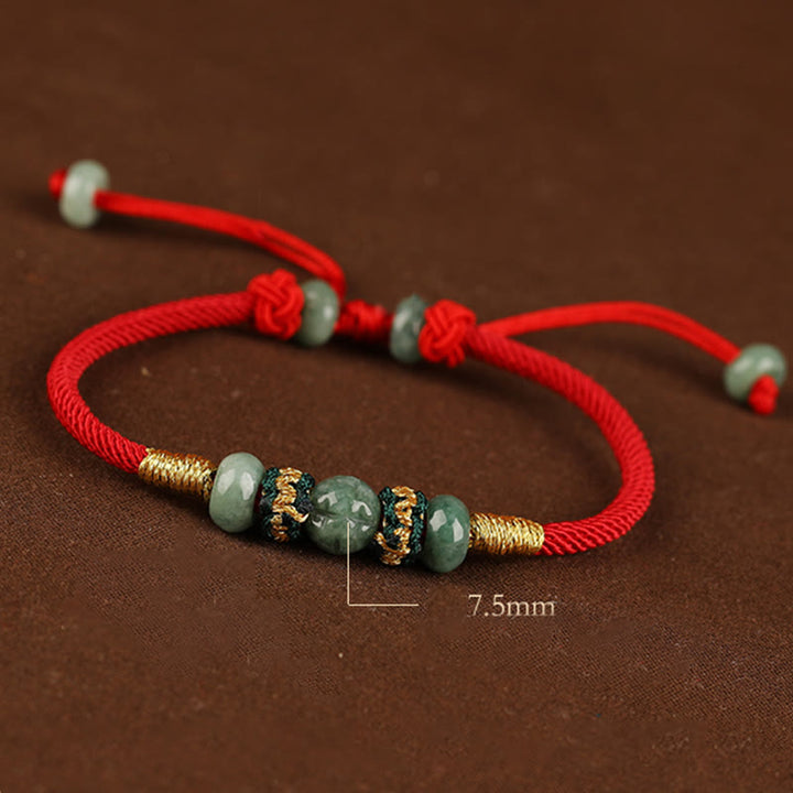 Bransoletka z Buddha Stones z jadeitu, koralików Abacus, dobrobytu, czerwonego sznurka