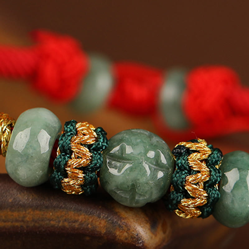 Bransoletka z Buddha Stones z jadeitu, koralików Abacus, dobrobytu, czerwonego sznurka