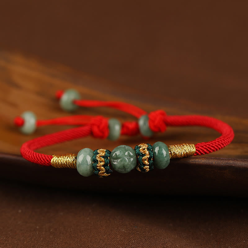 Bransoletka z Buddha Stones z jadeitu, koralików Abacus, dobrobytu, czerwonego sznurka