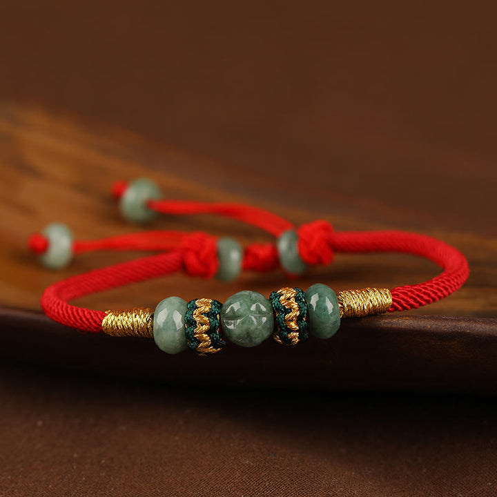Bransoletka z Buddha Stones z jadeitu, koralików Abacus, dobrobytu, czerwonego sznurka