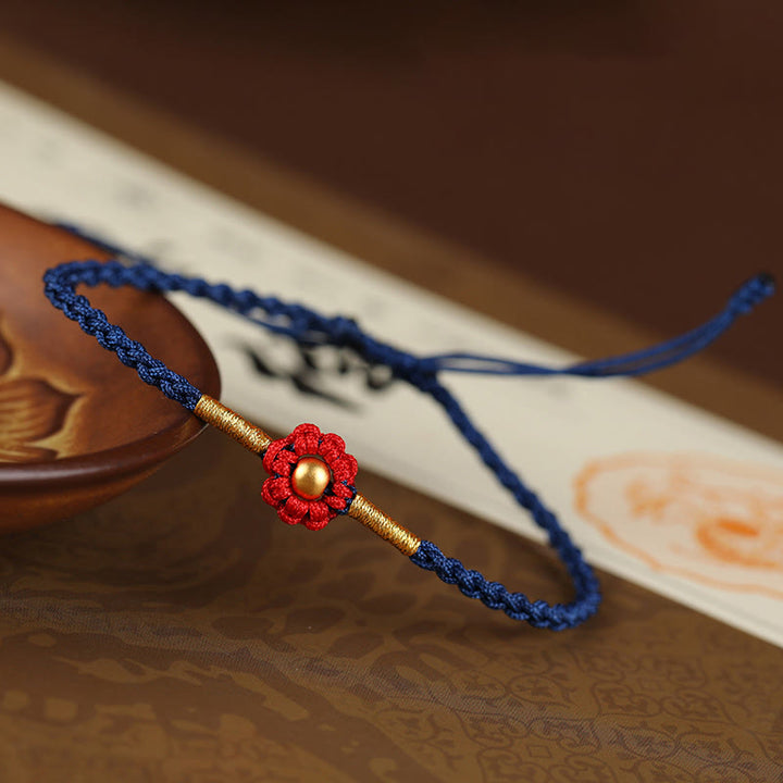 Buddha Stones 999 Złote Mini Koraliki Ręcznie Robione Kwiatowe Wzory Bransoletka Szczęścia Ochrona Liny