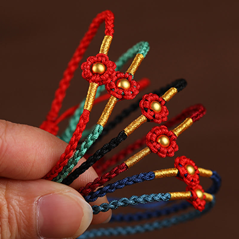 Buddha Stones 999 Złote Mini Koraliki Ręcznie Robione Kwiatowe Wzory Bransoletka Szczęścia Ochrona Liny - image 2