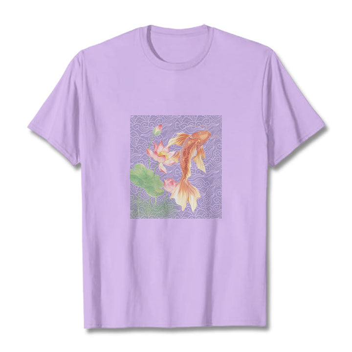Buddha Stones Koi Ryba Lotos Kombinacja Bawełniana Koszulka T-shirt - Śliwka - 2XL - image 16