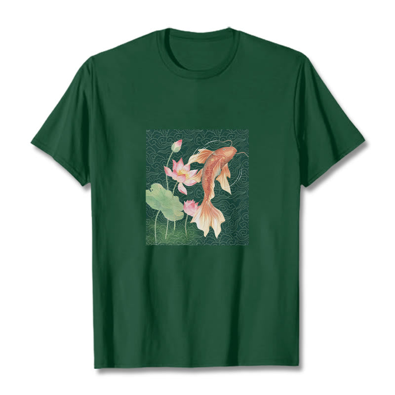 Buddha Stones Koi Ryba Lotos Kombinacja Bawełniana Koszulka T-shirt - ForestGreen - 2XL - image 9