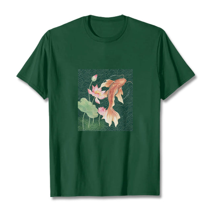 Buddha Stones Koi Ryba Lotos Kombinacja Bawełniana Koszulka T-shirt - ForestGreen - 2XL - image 9