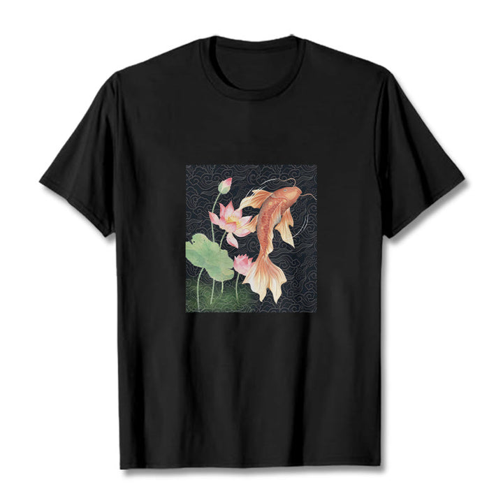 Buddha Stones Koi Ryba Lotos Kombinacja Bawełniana Koszulka T-shirt - Czarny - 2XL - image 5