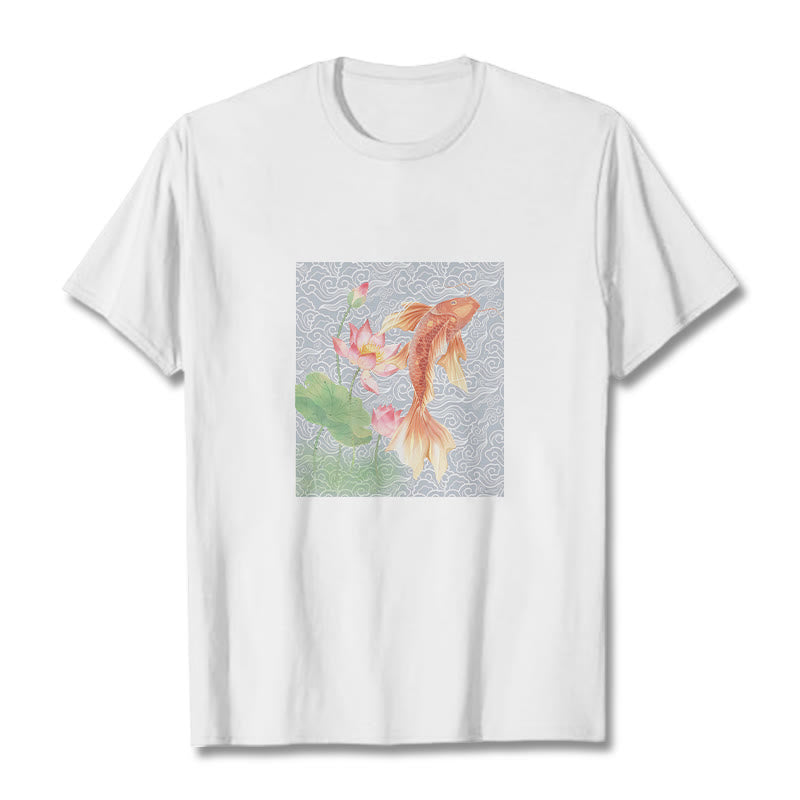 Buddha Stones Koi Ryba Lotos Kombinacja Bawełniana Koszulka T-shirt - Biały - 2XL - image 2